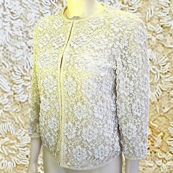 Chic Vintage 50s 60s Beaded All Over Cardigan Sweater In‎ White S-M